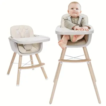 Convertible Baby High Chair, 3in 1 Wooden Highchair/Booster, 5-Point Harness, PU Cushion And Footrest for Baby, Toddler, Baby High Chair with Adjustable Legs 
