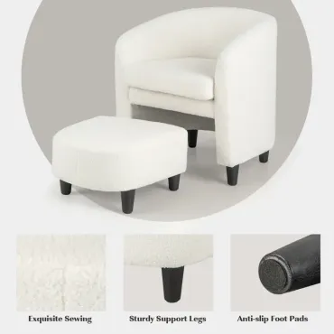Modern Barrel Chair with Footrest, Soft Teddy Velvet, Anti-slip Felt Pads Beige