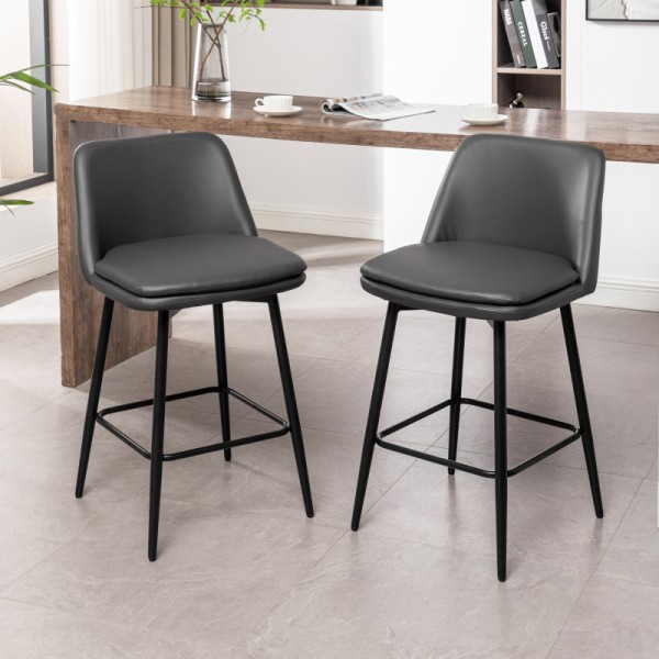 Set of Two Counter-Height Swivel Bar Stools Featuring 360° Rotation, Upholstered Backs, And Metal Legs, with a Seat Height of 25.6 Inches, Ideal for Kitchen Islands And Pubs, in Grey Faux Leather