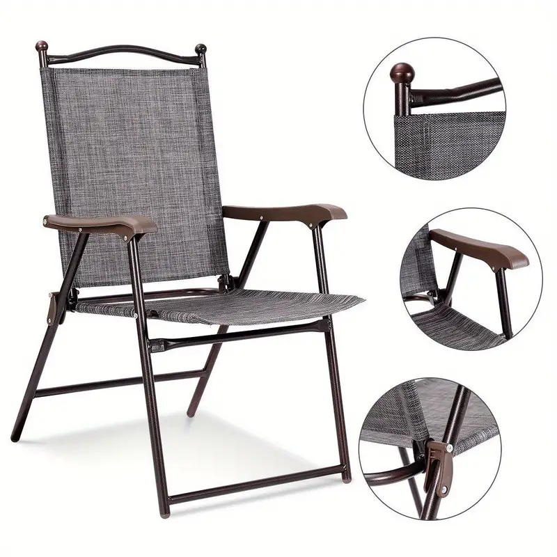 Set of 2 Gray Folding Sling Back Chairs | Patio, Camping, Deck, Garden, Beach