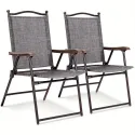 Set of 2 Gray Folding Sling Back Chairs | Patio, Camping, Deck, Garden, Beach