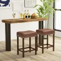  Upholstered Bar Stools Set of 2 with Footrests Rubberwood Frame Saddle-shaped Brown