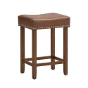  Upholstered Bar Stools Set of 2 with Footrests Rubberwood Frame Saddle-shaped Brown