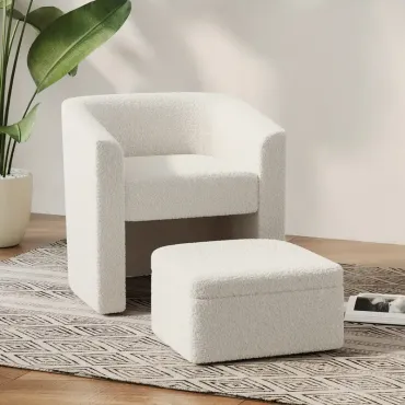 Accent Chair White Sofa Chair One Set, Modern Living Room Side Chair, Single Sofa Chair, Footstool with Storage, Suitable for Bedroom/office/reading Space, Study Cream White