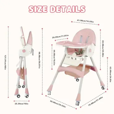 5-in-1 Foldable Baby High Chair with Adjustable Height, 4-Position Trays & Adjustable Foot Rest - Detachable PU Cushion, 5-Point Harness, High Chairs for Babies And Toddlers
