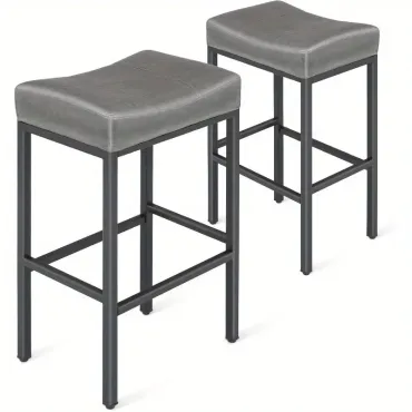 Bar Stools Set of 2, 31 Inch Counter Height Barstools, Upholstered Modern Saddle Stool with Metal Frame, Bar Chair with Footrest for Kitchen Island, Home Bar, Grey