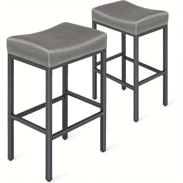 Bar Stools Set of 2, 31 Inch Counter Height Barstools, Upholstered Modern Saddle Stool with Metal Frame, Bar Chair with Footrest for Kitchen Island, Home Bar, Grey