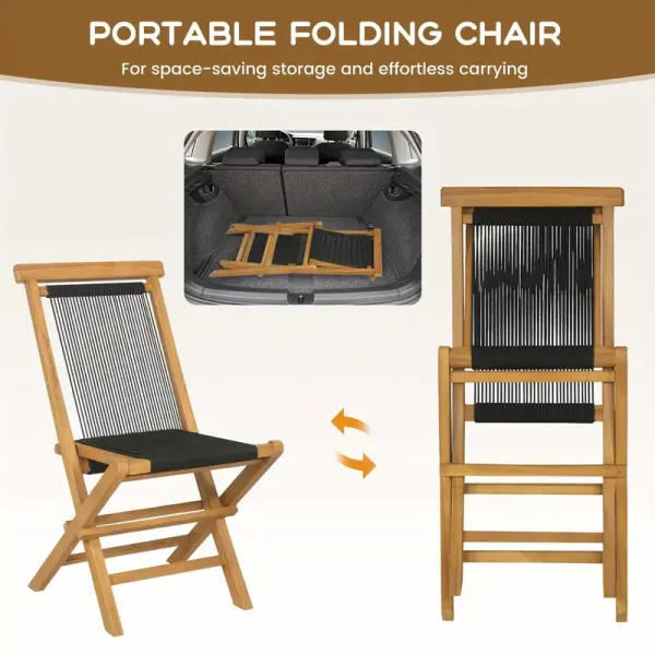 2-Pack Wood Patio Folding Chairs with Woven Rope Seat & Back, Quick-Fold Design, 220lb Capacity, Ergonomic High Backrest & X-Frame Stability for Poolside, Camping, Backyard 