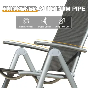 Set of 2 Heavy-Duty Aluminum Frame Outdoor Folding Chairs with Adjustable High Backrest & Soft Cushioned Seats - Heavy-Duty Dark Gray All-Weather Patio Chairs with Padded Armrests