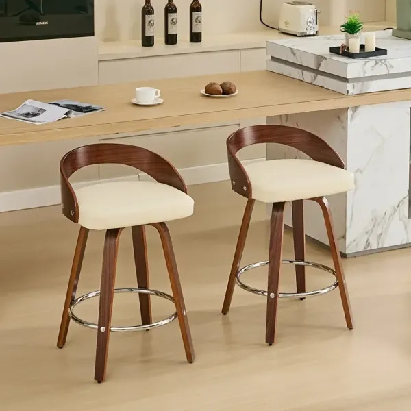 Bar Stools Set Of 2, PU Swivel Bar Height Stools with Low Back, Wood Bar Chairs with Soft Cushion Seat, 25-Inch Seat Height