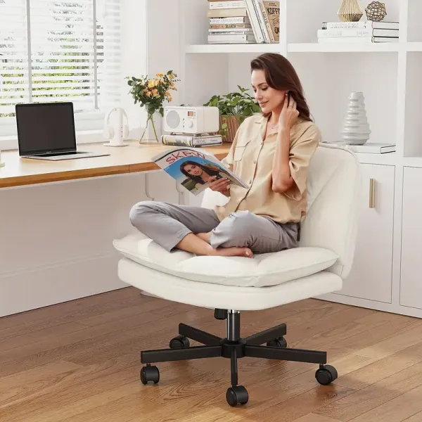 Ergonomic Adjustable Height Velvet Office Desk Chair - Swivel Rolling Chair with Solid Back Support, Beige Upholstered for Home Office, Living Room, Bedroom, Vanity Study - Hard Floor Compatible