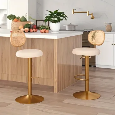 Height-adjustable Bar Stool Set of 2 Swivel Bar Chairs with PE Rattan Backrest