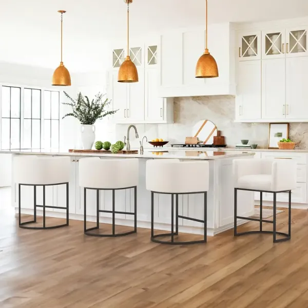 Bar Stools 26 Inch Counter Height, Beige Modern Barrel Counter Stools with Backrest And Arms, Black Metal Frames, Linen Fabric Upholstered Accent Barstools