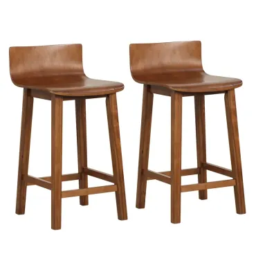 Wood Bar Stools Set of 2 with Solid Back & Seat Mid Century Bar Chairs
