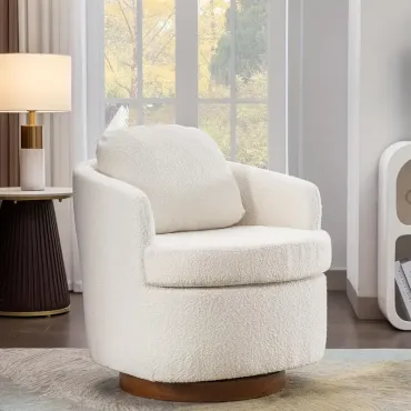 Modern White Swivel Accent Chair with Solid Wood Base – Soft Fabric Upholstered Round Barrel Chair for Living Room or Bedroom, Comfortable Armchairs with Cream Cushion and Dark Wooden Frame