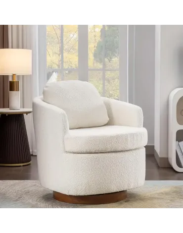 Modern White Swivel Accent Chair with Solid Wood Base – Soft Fabric Upholstered Round Barrel Chair for Living Room or Bedroom, Comfortable Armchairs with Cream Cushion and Dark Wooden Frame Modern White Swivel Accent Chair with Solid Wood Base – Soft Fabric Upholstered Round Barrel Chair for Living Room or Bedroom, Comfortable Armchairs with Cream Cushion and Dark Wooden Frame