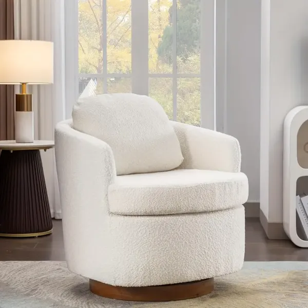 Modern White Swivel Accent Chair with Solid Wood Base – Soft Fabric Upholstered Round Barrel Chair for Living Room or Bedroom, Comfortable Armchairs with Cream Cushion and Dark Wooden Frame