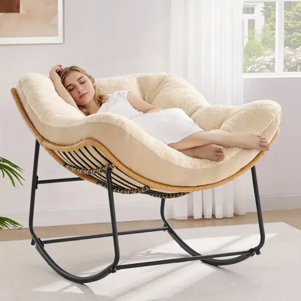 Oversized Papasan Rocking Chair - White Rattan Wicker Lounge Chair with Thickened Teddy Fabric Cushion, 450lb Capacity, Sturdy Alloy Frame & Easy Assembly for Living Room, Porch, Patio, Garden