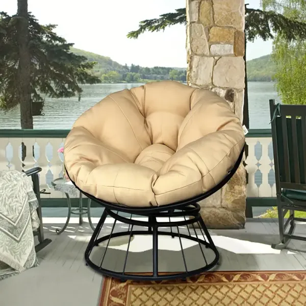 360° Swivel Papasan Chair - Outdoor Circle Lounge Moon Chair With Beige Cushion & Durable Frame
