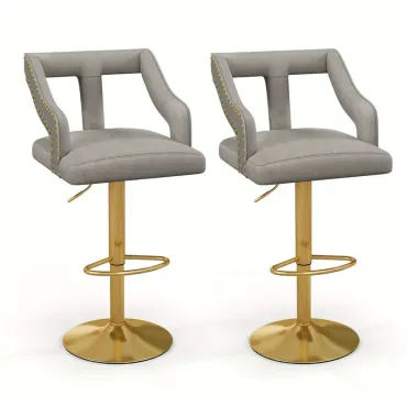 Set of 2 Swivel Bar Stool with Footrest, 2-Layer Electroplated Metal Base Gray