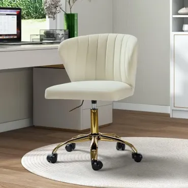 Office Desk Chairs With Wheels & Gold Base, Modern Velvet Cute Armless Office Chair, Adjustable Low Back Swivel Rolling Chair, Stadium Seats For Sports Fields, Sport Event, Upholstered Task Chair
