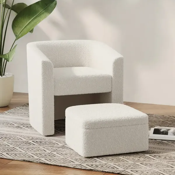 Accent Chair White Sofa Chair One Set, Modern Living Room Side Chair, Single Sofa Chair, Footstool with Storage, Suitable for Bedroom/office/reading Space, Study Cream White
