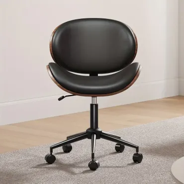 Modern Faux Leather Swivel Desk Chair with Curved Back& Wheels - Armless Home Office Chair