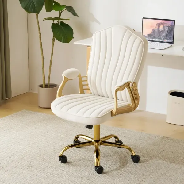 Home Office Chair With Golden Arms And Legs, Comfortable Upholstered Tufted Swivel Desk Chair Comfy With Wheels For Girls Women Study Bedroom Living Room, Cream