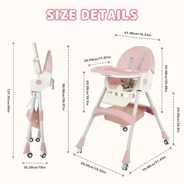5-in-1 Foldable Baby High Chair with Adjustable Height, 4-Position Trays & Adjustable Foot Rest - Detachable PU Cushion, 5-Point Harness, High Chairs for Babies And Toddlers